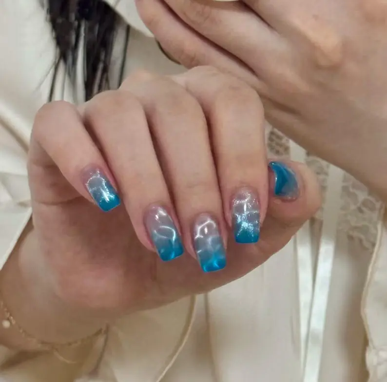 Ocean Blue Sea Waves Cat Eye Nail, Chrome French Tips Aurora Press on Nail, Summer Holiday Nail