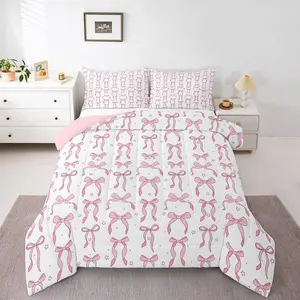 Pink and White Bows Bedding Set for Girls Kids,Cute Pink Bow Knot Comforter Set,Bedroom Decor,Princess Bowtie Bed Set,Stars Bedding Comforter Set