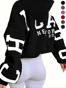 Women's Letter Print Drawstring Drop Shoulder Long Sleeve Hoodie, Casual Thermal Lined Kangaroo Pocket Hooded Sweatshirt, Ladies Fall & Winter Clothes for Daily Wear, Fallfreshness Graphic Hoodie, Black Tops, Hoodies Streetwear