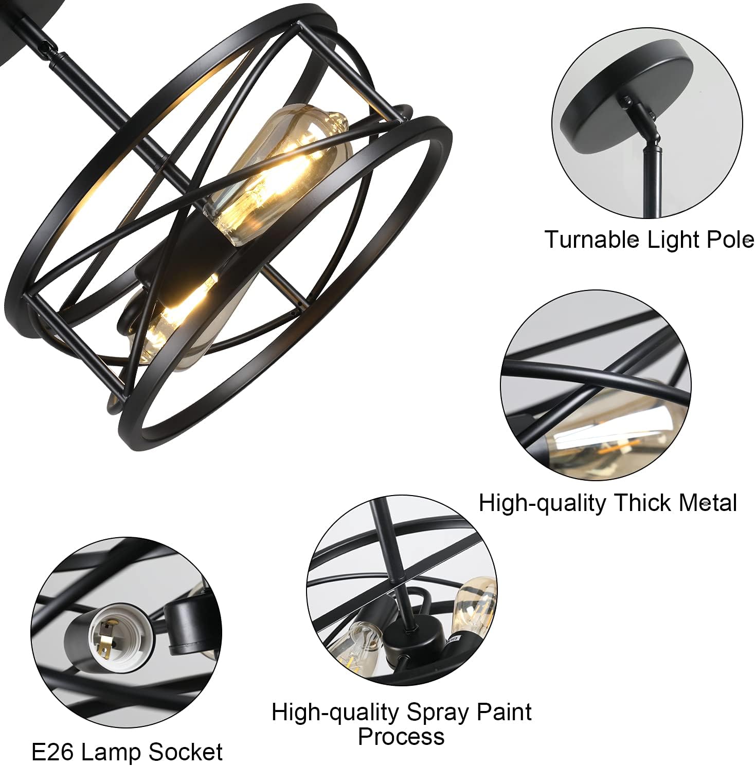 Farmhouse Semi Flush Mount Ceiling Light Fixtures, 11.8" 2-Light Black Industrial Metal Cage Lighting for Hallway Kitchen Entryway Bedroom