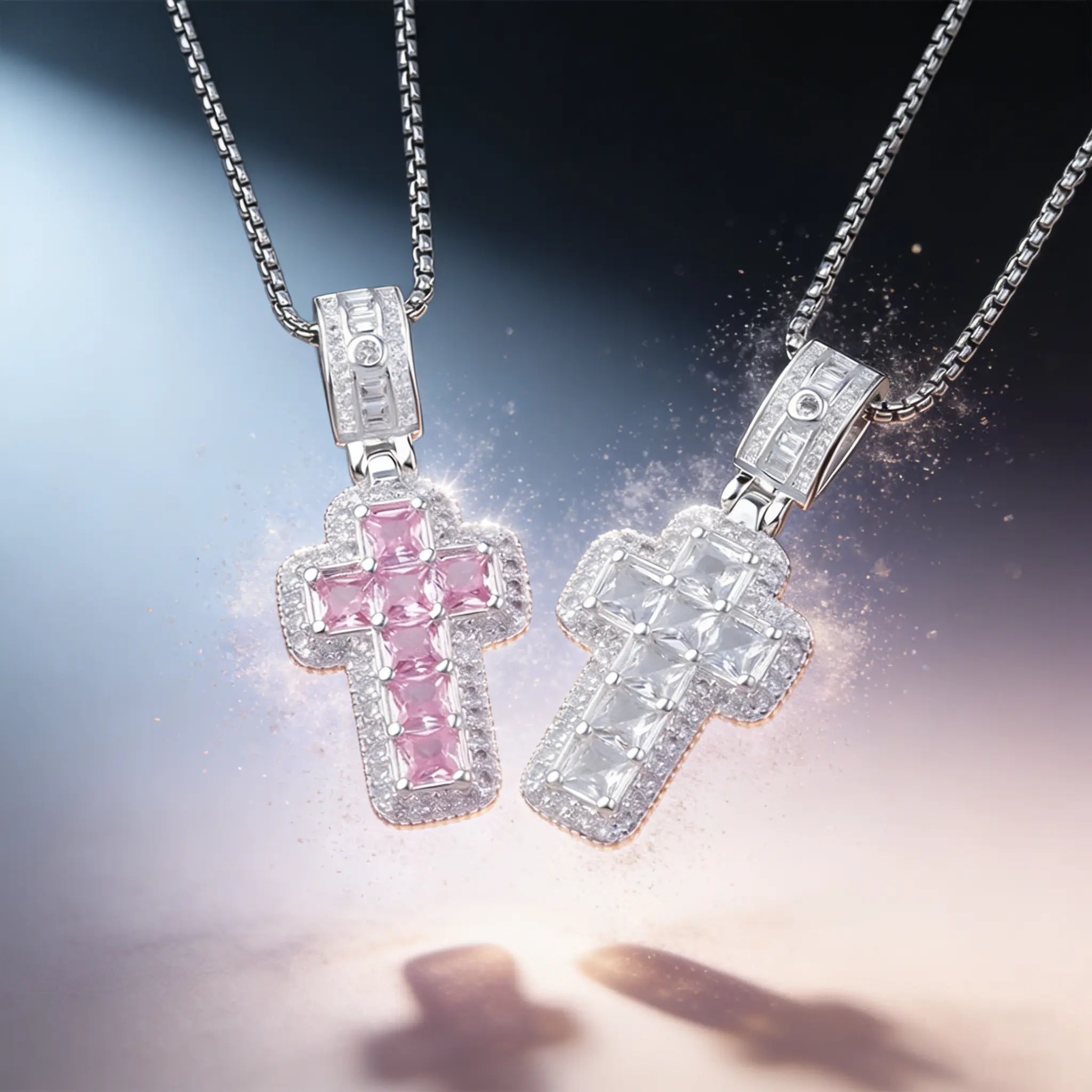 AELNEN Silver-Tone Dual-Color Zircon Cross Pendant Necklace Set - Pink & White Crystal Statement Necklaces - Sparkling Daily Jewelry - Gift for Her