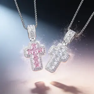 AELNEN Silver-Tone Dual-Color Zircon Cross Pendant Necklace Set - Pink & White Crystal Statement Necklaces - Sparkling Daily Jewelry - Gift for Her