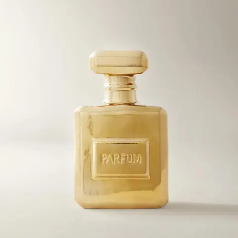 Z Gallerie Ceramic Parfum Bottle Coin Bank - 6.5"w x 3.25"d x 11"h Rubber-Stop Close Home Organizer, Gold Ornaments, French Text Charm Cash Saving Box, Chic Boujee Household Gift