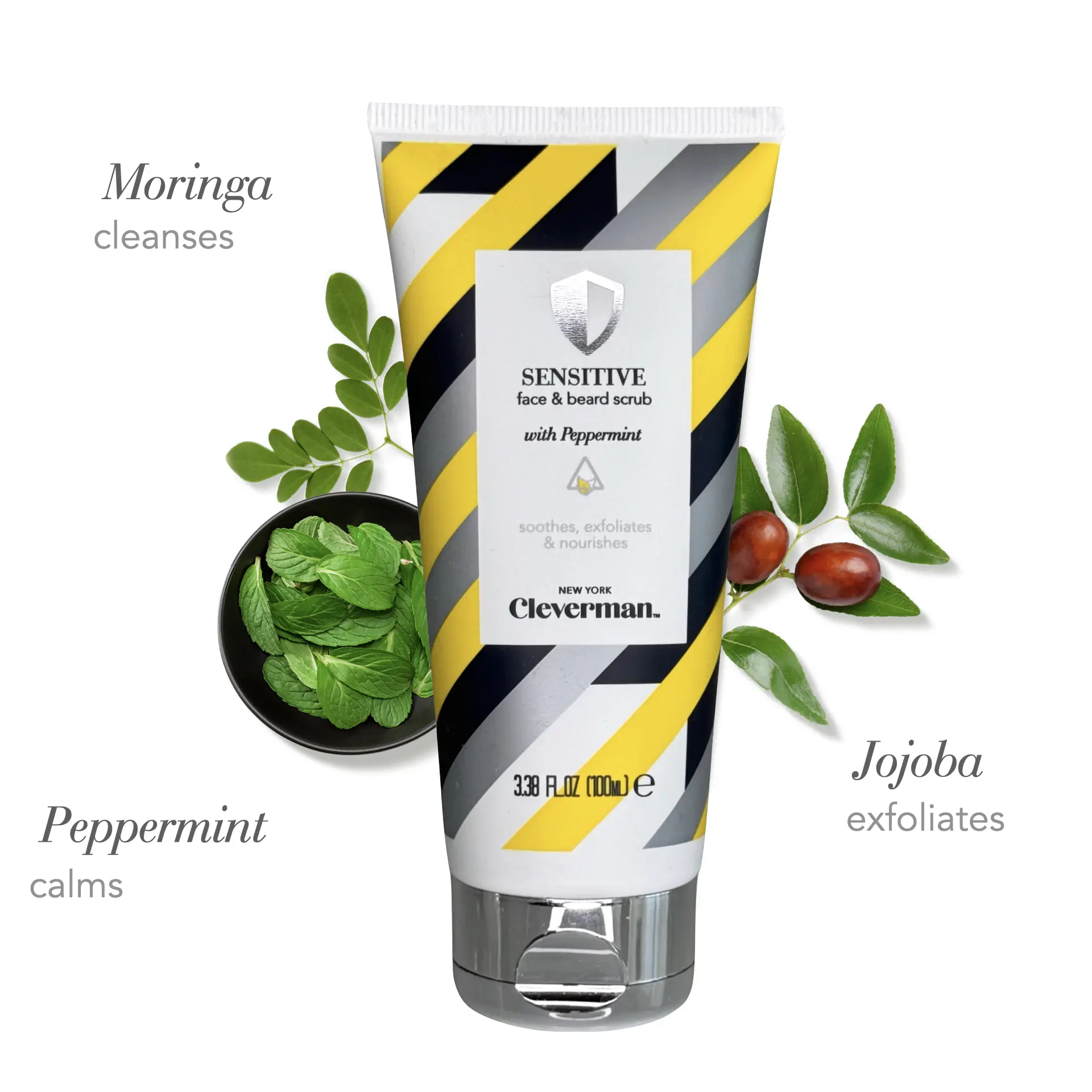 Cleverman Face & Beard Scrub, Calming After Shaving Cleanser for Sensitive Skin with Argan Oil & Peppermint, Vegan, 100ml
