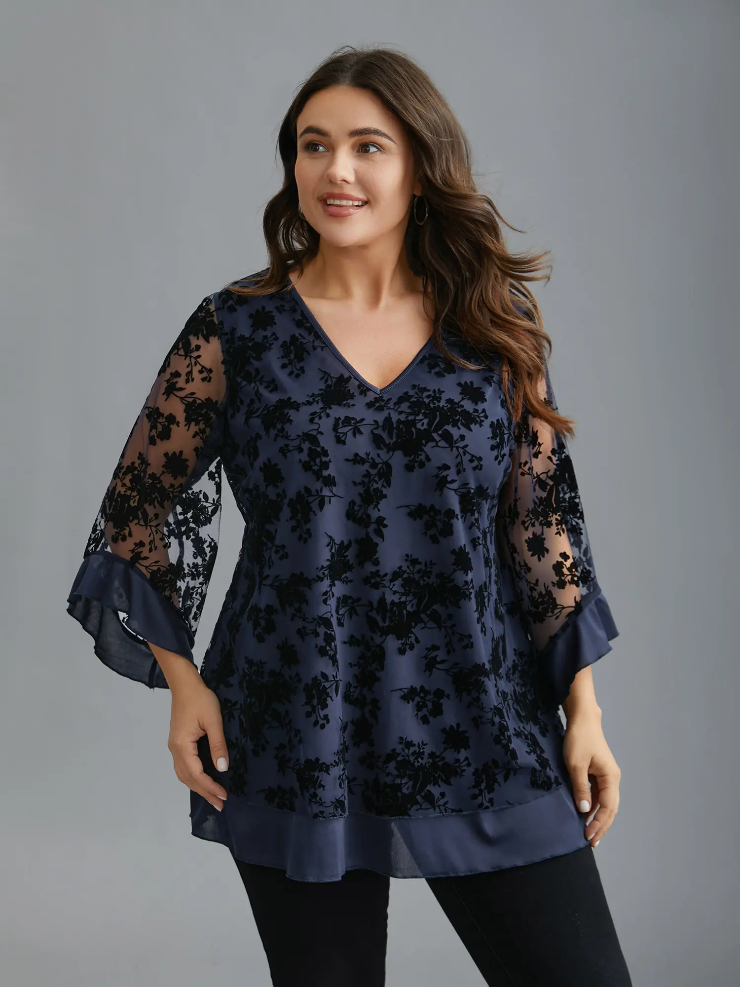 BloomChic Women's Plus-Size Loose Fit Boho Tunic Blouse, V-Neck Flocked Floral Mesh with 3/4 Bell Sleeves and Asymmetrical Hem, 3/4 Sleeve, Ready To Wear, Lady, Boho Floral Ruffle, Flock Texture, Tunic Length, Loosey Goosey