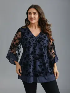【Summer Turn-Up】【V-neck】BlOOMCHIC Plus Size Floral Flocking Mesh Asymmetrical Hem Blouse Indigo V-neck Three Quarter Bell Sleeve Tunic Top Boho Style Shirt Fit Garment Fabric Nylon Vneck Spandex Womenswear [1x-6x] 2026 Summer Pick for Mother's Day