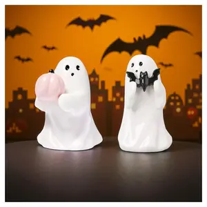 Ceramic Ghost Figurine Decor - 2Packs Small Halloween Ghost Statue for Home Decorative - Cute Mini Spooky Ghosts Pink Halloween Decor for Desk Office Table Centerpieces Ornament (White - Set of 2)