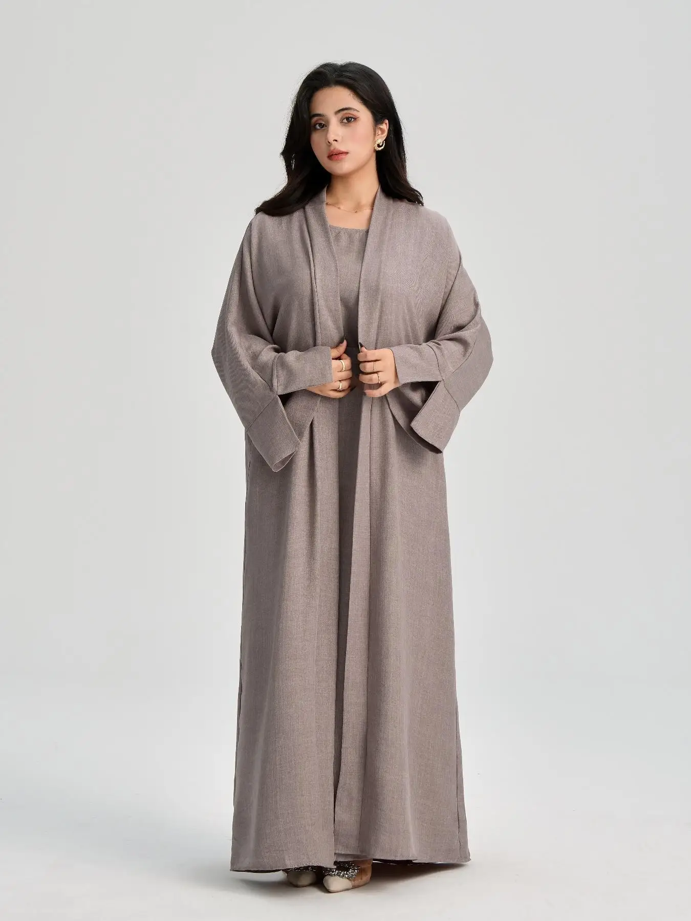 Women's Solid Color Belted Abaya & Dress Two-piece Set, Casual Long Sleeve Open Front Outerwear & Dress Set, Ladies Islamic Clothing for All Seasons