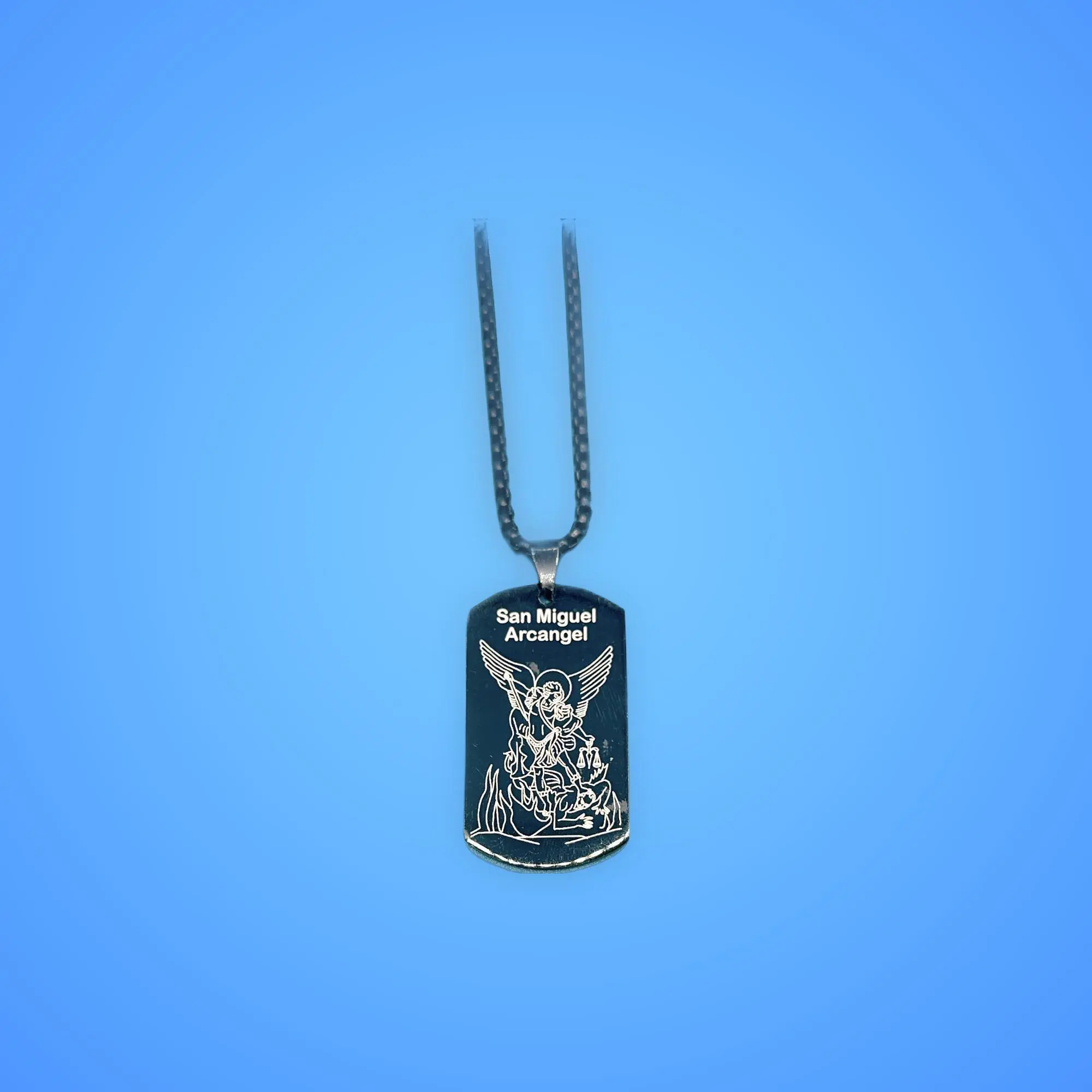 Heavy Dog Tag Necklace with Saint Michael Prayer Pendant, Unisex Fit on a Long Chain with Beading Accent, Chain & Link, Cross Charm Necklace