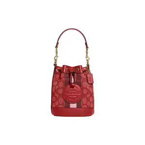 COACH Dempsey 14 Classic Monogram Drawstring Tote Bag for Women – Jacquard and Pebbled Leather, Mini, Red