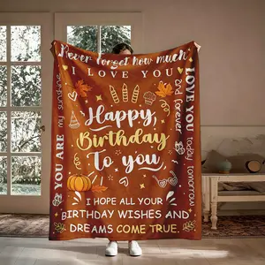 Happy Birthday Rust Flannel Throw Blanket, Pumpkin Maple Leaves Love Notes, Soft Cozy Warm, for Couch Bed Fall Decor, Gift for Her, Birthday Christmas, Aesthetic Sentimental Keepsake