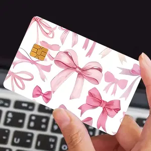 Pink Bow Design PVC Card Skin Sticker for Credit Debit Transportation Room Key Cards Waterproof Self-Adhesive Decoration