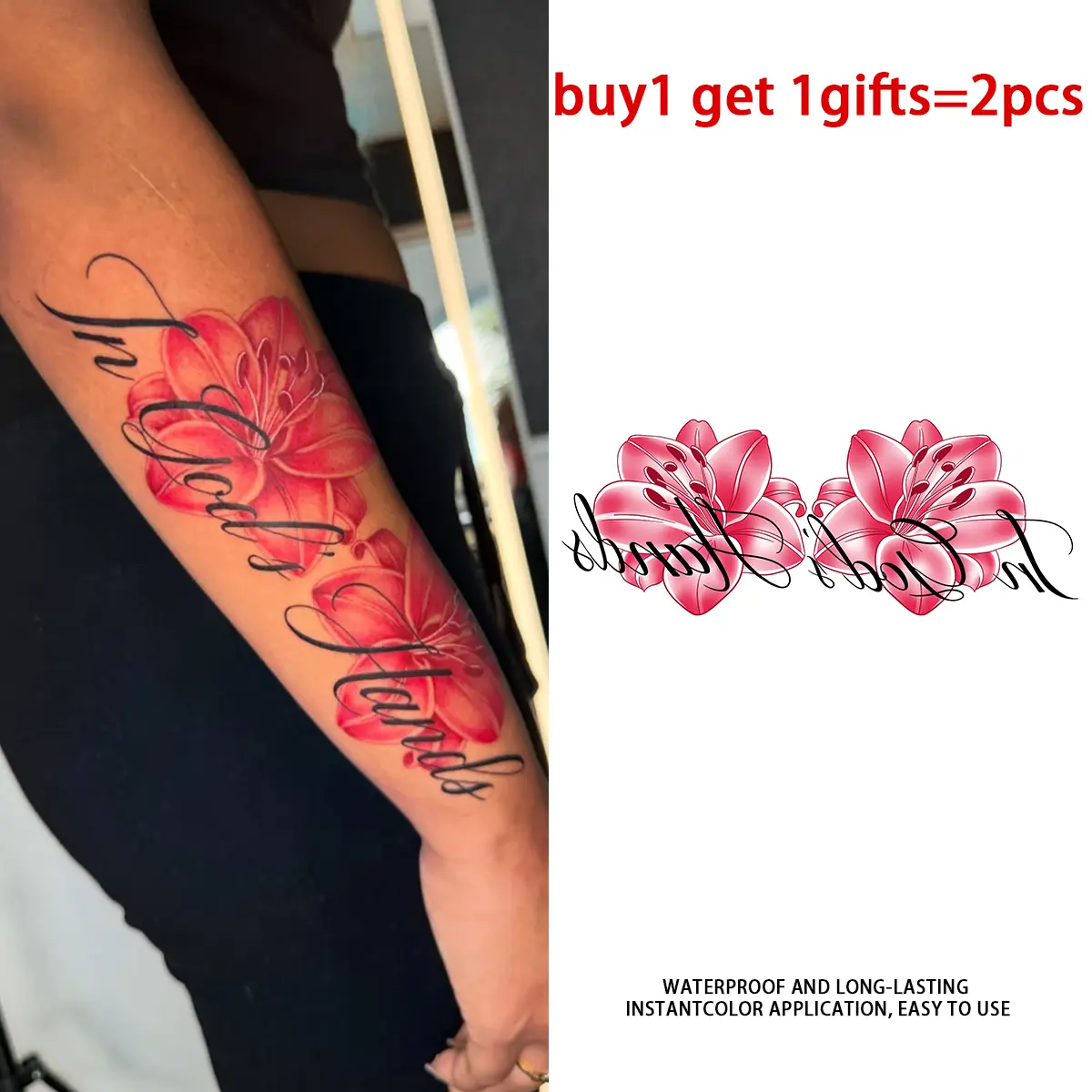 Red Lily In Gods Hands Lettering Temporary Tattoo Stickers - 2 Sheets Semi-Permanent Waterproof Realistic Floral Fake Tattoos, Body Art Tattoo Decals for Women Girls, All Skin Types Perfect for Party, Beach, Daily Wear