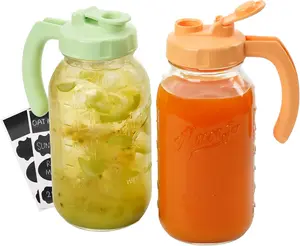 Soligt Glass Mason Jar Pitcher, 2 Pack 64oz(2 Quart /1.9 Liter) Wide Mouth Mason Jar Pitcher with Handle, Airtight and Dishwasher Safe, Iced Brew Coffee Maker Pitcher, Homemade Iced Tea, Pour Spout Handle Lids Kitchen Bottle Container Drink Storage Food