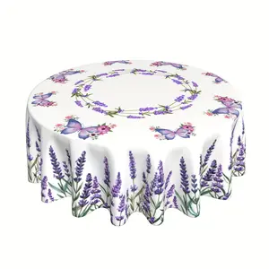 EastJia Made in USA Lavender Spring Floral Round Tablecloth with Purple Flowers & Butterfly, Washable Reusable Polyester, Ideal for Kitchen, Dining, Picnics, Parties & Spring Decor