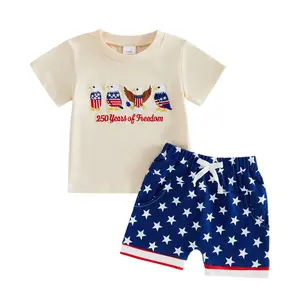 Babamoon Kids Toddler Baby Boys 4th of July Outfits Set Bird Letter Embroidery Short Sleeve T-Shirt Tops and Shorts 2Pcs Independence Day Clothes Set 3M-3Y