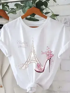 Plus Size - Plus Size - Fashionable Eiffel Tower Print T-Shirt, Loose Plus Size High-Heeled Shoes Short-Sleeved Women'S Clothing