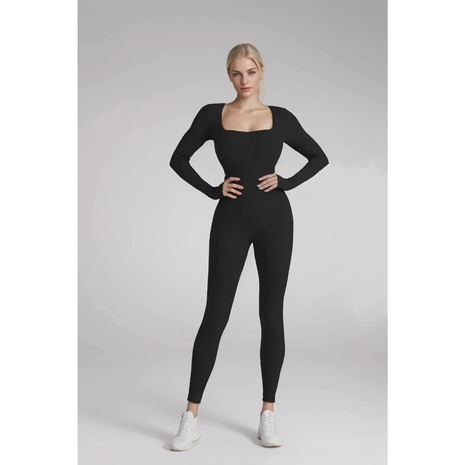 New Threaded Fabric High Quality Women Jumpsuits Long Sleeve Shapewear Hip Lift Yoga Exercise One Piece Jumpsuit with Long Pants