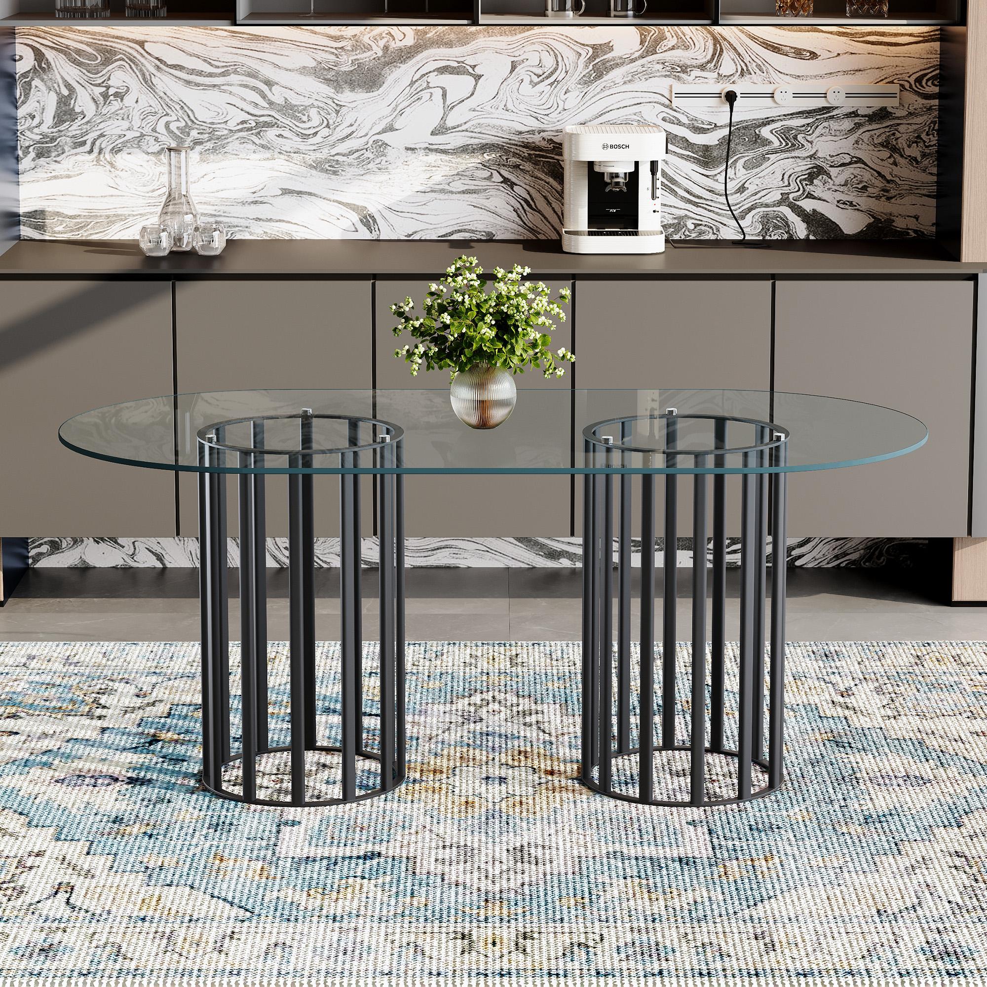 71 Inch Oval Tempered Glass Dining Table, Modern Light Luxury Gold Double Pedestal Kitchen Dining Table, Scratch Resistant Easy Clean Glass Top, Seats 6-8 for Dining Room Restaurant