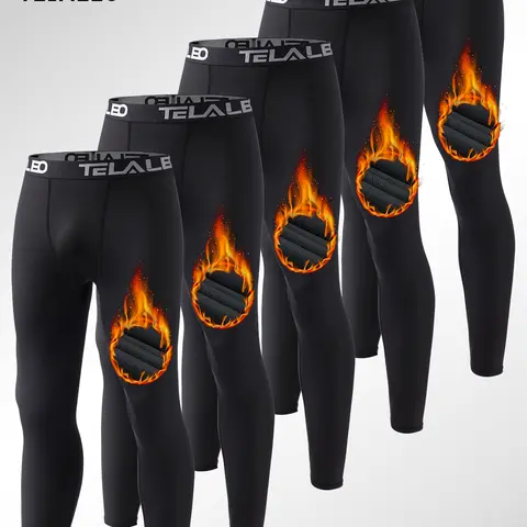TELALEO 5-Pack Men's Polyester Fleece Lined Thermal Compression Pants - Normal Type Menswear Tights, Snug-Fit Gym Baselayer, Cold Weather Stockup Mensfashion Gear for Winter Outdoor Sports, Blood Circulation Enhancer