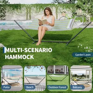 Quilted Padded Double Hammock with Sturdy Stand, Soft Striped Hammock Bed, Easy Assembly Portable Outdoor Swing, 450 LBS Weight Limit for Garden Relaxation