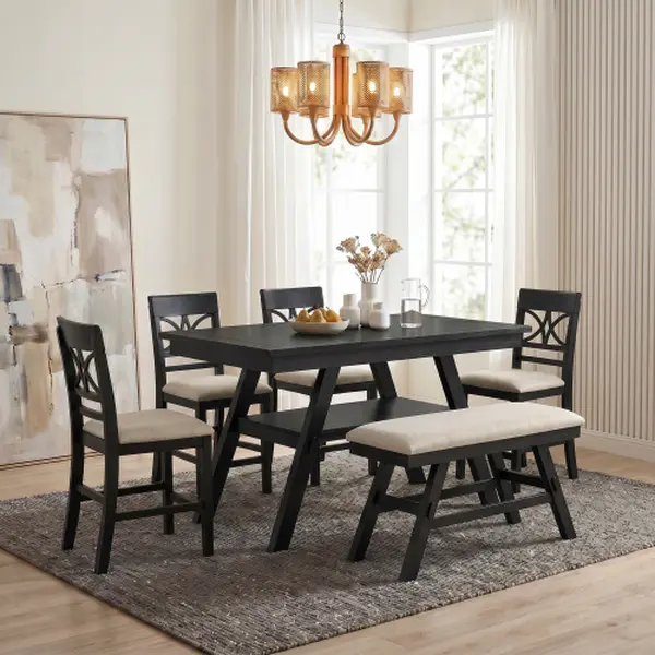 Sturdy 6-Piece Rustic Counter Height Dining Table Set - Solid Wood Espresso Table, 4 Upholstered Beige Cushion Chairs & Bench with Storage Shelf for Dining Area (6 Seats)