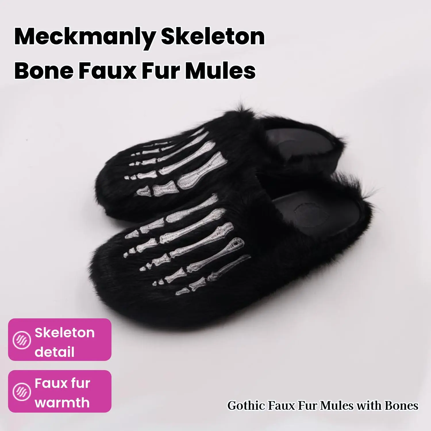 Meckmanly Men Skeleton Faux Fur Mules | Cozy Goth Punk Slippers