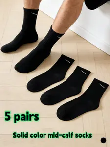 5 pairs of black socks, unisex, plain mid-calf socks for spring, trendy and versatile ins style, long socks for summer, suitable for men and women, sports socks, couple socks, ideal for daily casual wear, exercise, sports, and various occasions.