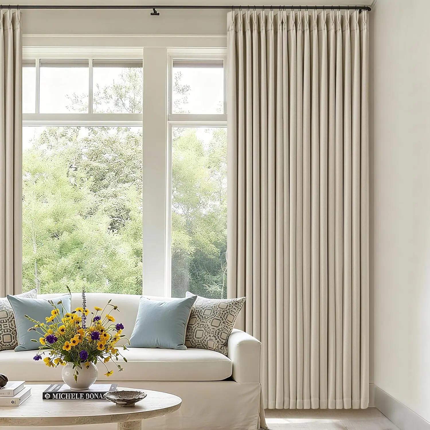 Oatmeal Beige 70 Inch Extra Wide 100% Blackout Curtain 96 Inches Long | Pinch Pleated with Back Tab, Thick Linen with Liner, Thermal Black Out for Living Room Bedroom Large Window, 70x84 1 Panel