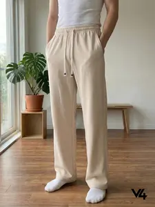 Vibe404 Men's Clean Fit Apricot Wide Leg Pants  High Waist Drawstring Trousers with Perfect Stacking Length. Wrinkle  Free Relaxed Streetwear for Casual  Lounge.