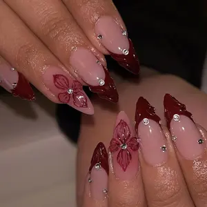 Red French Tip Press on Nails Almond Medium Fake Nails 3D Flowers Glue on Nails Full Cover Acrylic False Nail Tips Glossy Artificial Nails Medium Almond Stick on Nails for Women Manicure Decorations