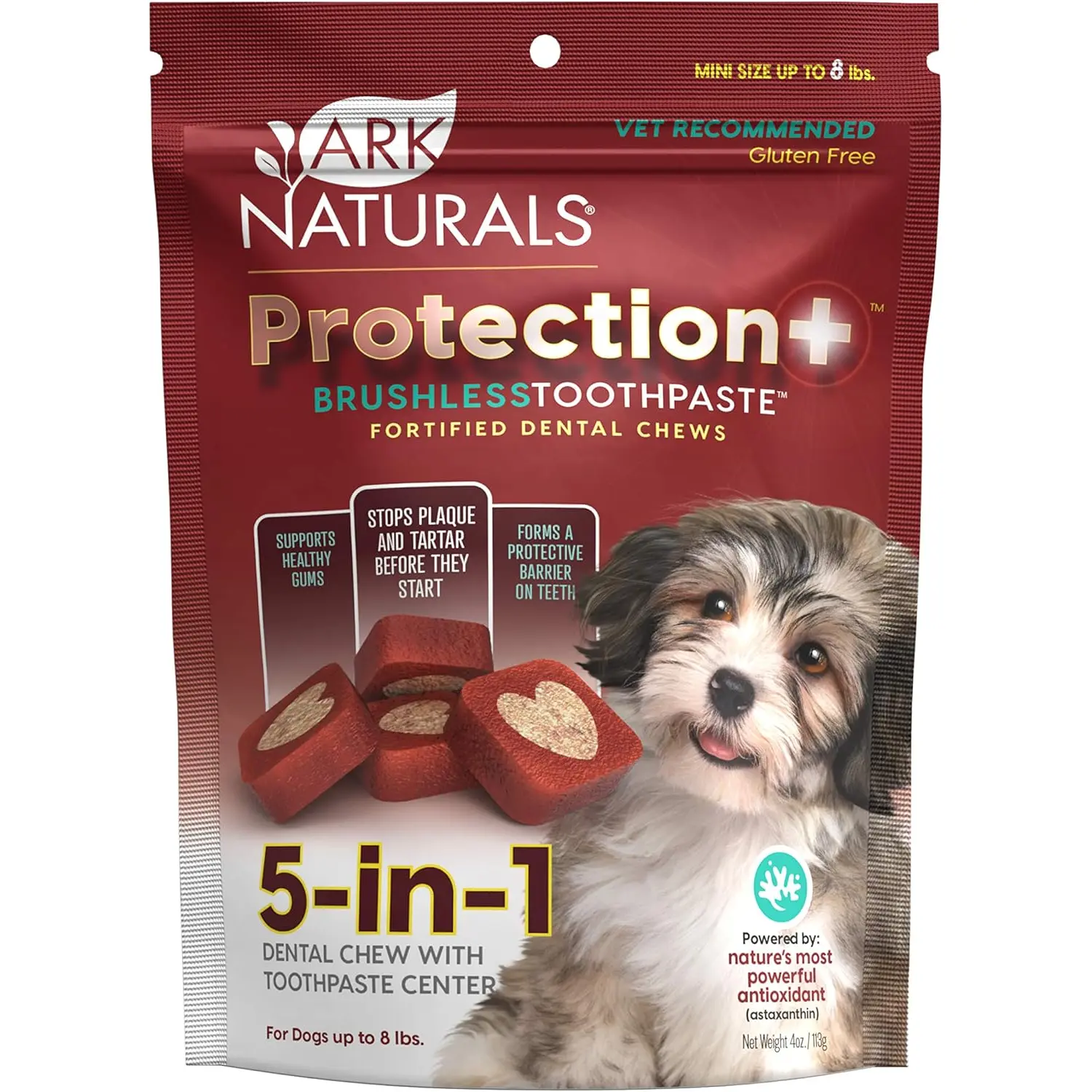ARK NATURALS Protection Plus Brushless Toothpaste for Mini Breeds, 4 oz Bag, Dog Dental Chew with Toothpaste Center, Prevents Plaque & Tartar, Freshens Breath