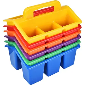 Classroom  Storage Basket with Handle, 6 Pack Plastic Arts Office Crafts  4 Compartments for , Pencil, Crayon, Marker, School Supplies, 6 Colors