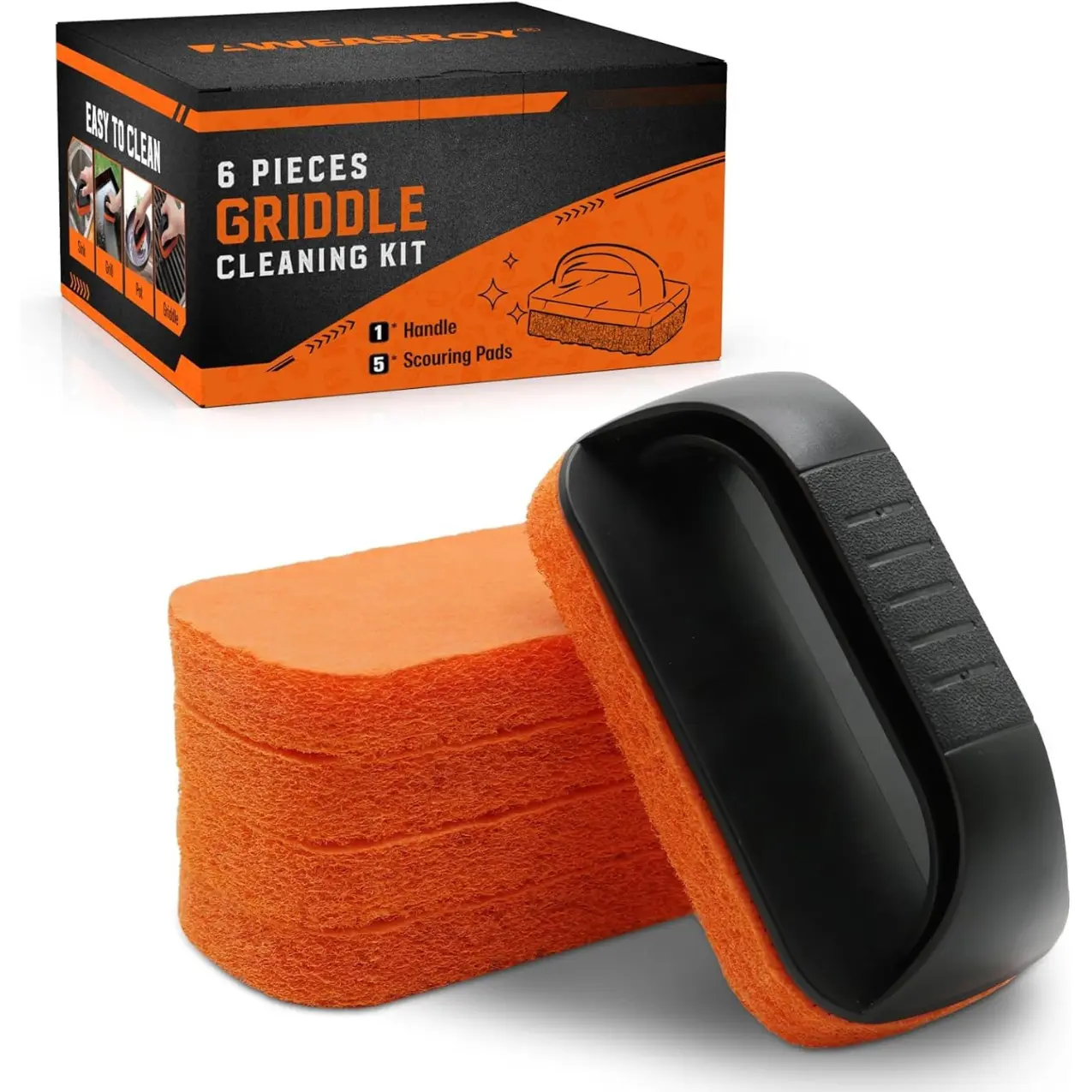 6-Piece Griddle Cleaning Kit for Blackstone, Flat Top Grill Cleaning Kit Non-Scratch Scouring Pads for Kitchen - 5 Scrubber Pads and 1 Handle