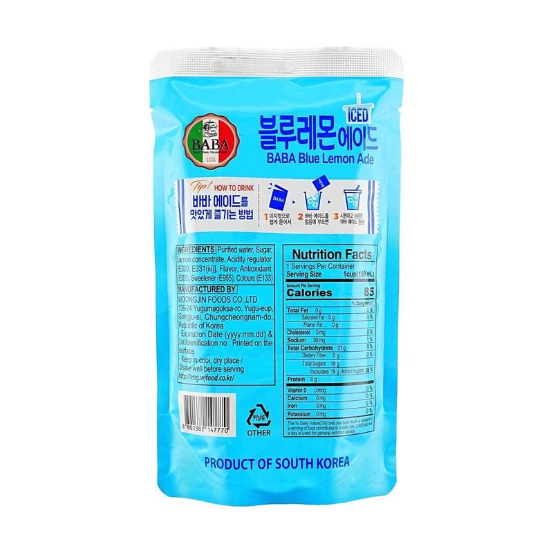 WOONGJIN BABA Ice Blue Lemon Juice Drink 190ml x 10 Packs - Low Calorie, Zero Fat, Refreshing Korean Beverage