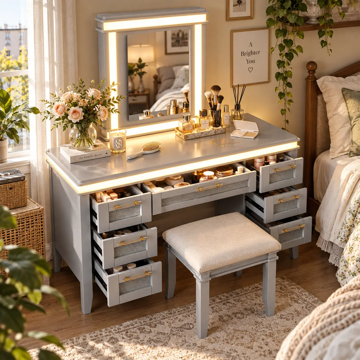 SAVEYOUR 48" Grey-Blue Vanity Desk with Lighted Mirror, 7 Hollow Design Drawers, Rubber Wood Legs & Cushioned Stool for Bedroom