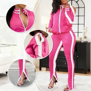 Halfword Women's 2pcs Set Stripe Cutout Cold Shoulder Full Zip-Up Hoodie & High-Waist Leggings Breathable Polyester Fabric Jogger Outfit for Gym Workout Beige White Fall Winter