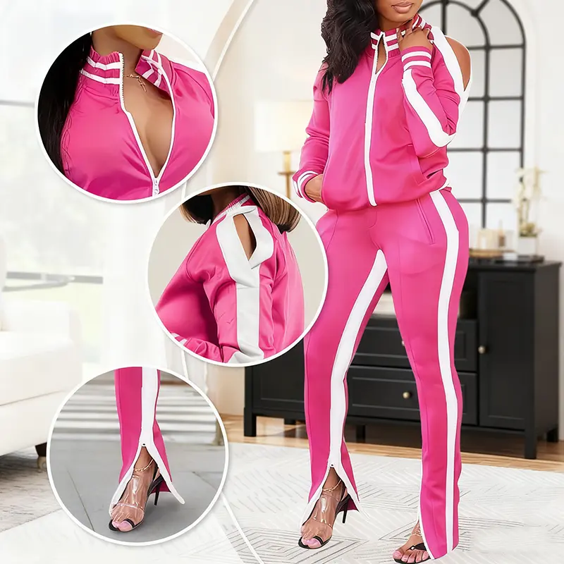 Halfword Women's 2-Piece Stripe Athleisure Tracksuit Set - Cold Shoulder Full Zip-Up Hoodie and High-Waist Streetwear Leggings, Streetwear Tracksuit Set, Athleisure Women's Tracksuit Set