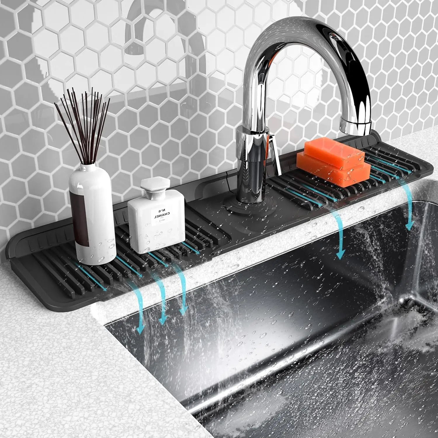 Kitchen Sink Faucet Protector Mat Silicone Folding Splash Guard with Button Lock Draining Mat for Kitchen & Bathroom Sink Anti-Slip Sink Accessories 24" x 5.5" Size Customizable Hole Design 100% Food-Grade Silicone Material Dishwasher-Safe tiktokshopsprin