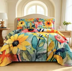 Bohemian-Style Lightweight Bedspread & Coverlet Quilt Bedding Set with Watercolor Sunflower Pattern Queen/King Sizes Twin Size All-Season Skin-Friendly Soft Microfiber Material - Heavy Curtain
