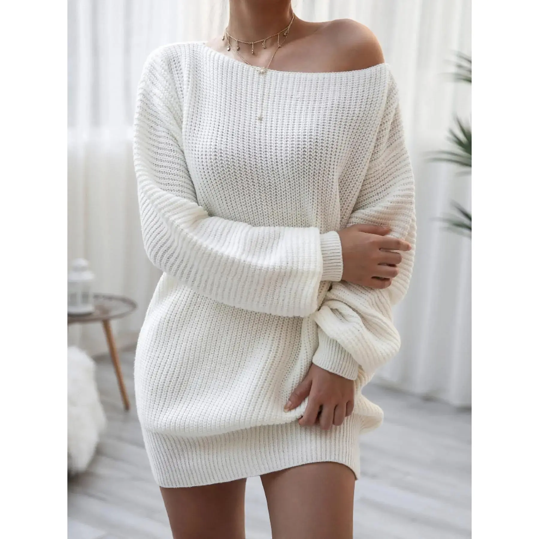 Women's Plain Loose Fit Mini Sweater Dress - Drop Shoulder, Asymmetrical Neck, Longsleeves, Stretch Fabric, Casual Fall-Winter Daily Wear Knit Dress
