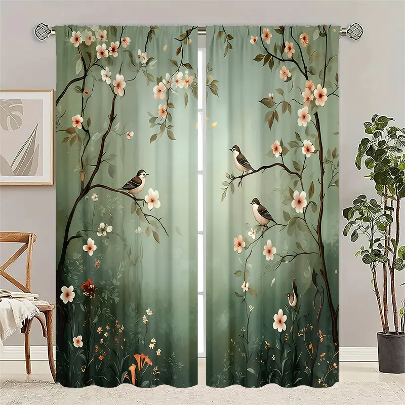 2pc, Polyester New Chinese-style Bird and Flower Print Curtains. It is installed using pocket rods. These are digital printed curtains suitable for living rooms, kitchens, bedrooms, study rooms, dining rooms, and home decoration.
