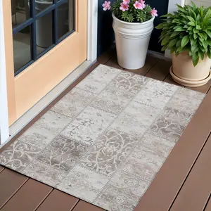 360 Stand Classic Shape 3x5 ft. Machine-Made Patchwork Print Washable Indoor/Outdoor Rectangle Area Rug, Taupe, Ideal for Patio/Poolside