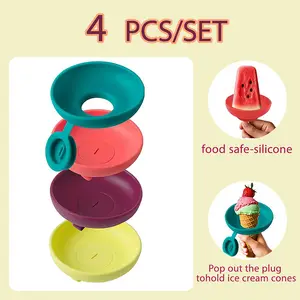 4pcs Silicone Ice Cream Holder Stand Set, Summer Popsicle Holder, Leak-Proof Cone Support with Drip Guard,  Portable Youngsters's Ice Pop Mold Tray - Mom's handy items