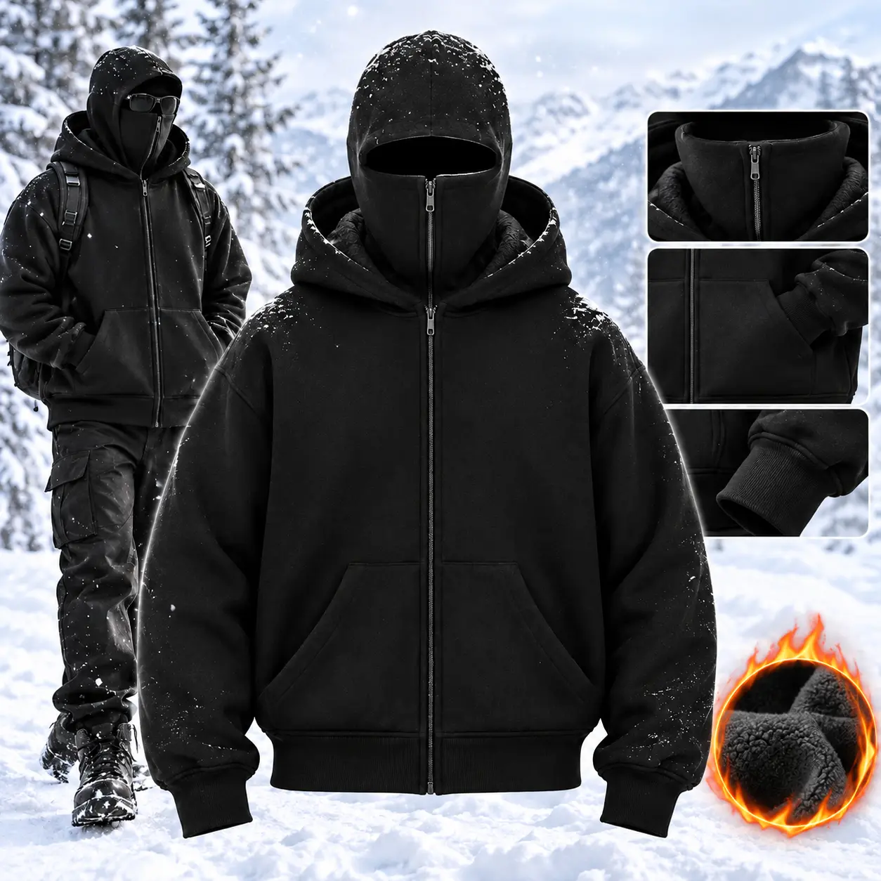 Men's Warm Winter Double Hooded Sweatshirt, Full Zipper Hoodie Jacket, Casual Loose Fit Lightweight Outerwear, Long Sleeve Front Zip Sweatshirt, Non-Elastic Fabric, Hand Washable, Suitable for Outdoor Wear, Fitness, Everyday Casual Outfits and Cold Weathe