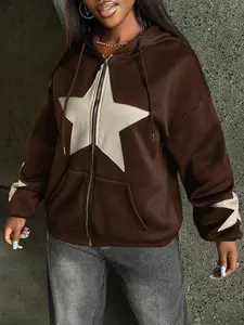 Women's Star Patch Zip Up Hoodie Brown Oversized Casual Streetwear Hooded Jacket With Front Pockets Soft Fleece Lined for Fall Winter Spring