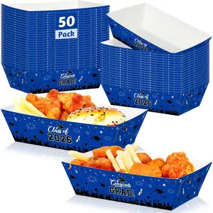 50 Pcs Graduation Decorations 2026 2 Styles Graduation Food Trays Blue Serving Trays Congrats Grad Class of 2026 Disposable Paper Plates Easy to Assemble Grad Table Decor for Graduation Party Supplies