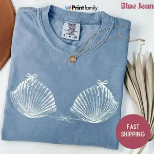 Vintage 90s Seashell Shirt Comfort Colors, Ocean Lover Tee, Summer Trip TShirt, Mermaid Shirt, Preppy Coastal Aesthetic Tee, Coquette Bow Beach Shirt - Printfamily