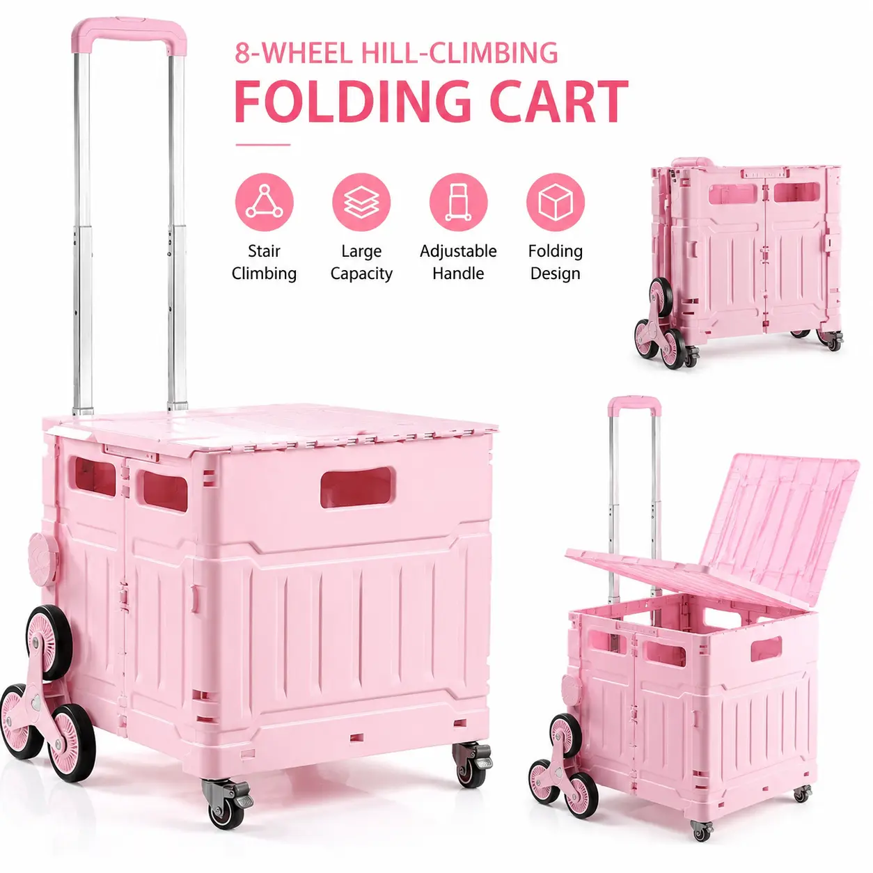 Pink Foldable Utility Cart with Stair Climbing Wheels, 75L Large Capacity, High Load Bearing, Telescopic Handle, Integrated Anti-Lost Lid, Space Saving Portable Rolling Crate for Grocery Shopping, Camping, Travel, Home Storage