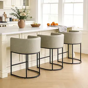26" H Counter Height Bar Stools, Modern Barrel Counter Chairs with Backrest and Arms, Faux Leather Upholstered Accent Barstools for Kitchen Island, Black Metal Frames